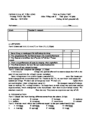 Đề kiểm tra học kỳ I môn Tiếng Anh Lớp 8 - Năm học 2019-2020 - Trường THCS Cấp Tiến
